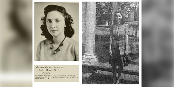 Miriam Sexton Mitchell portrait on left and image of her on campus on right